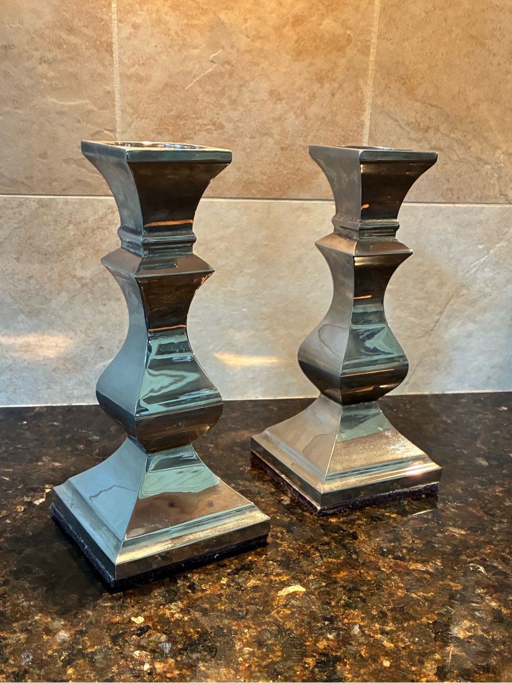 Source Unknown Mirrored Silver Taper Candle Holders - Pair